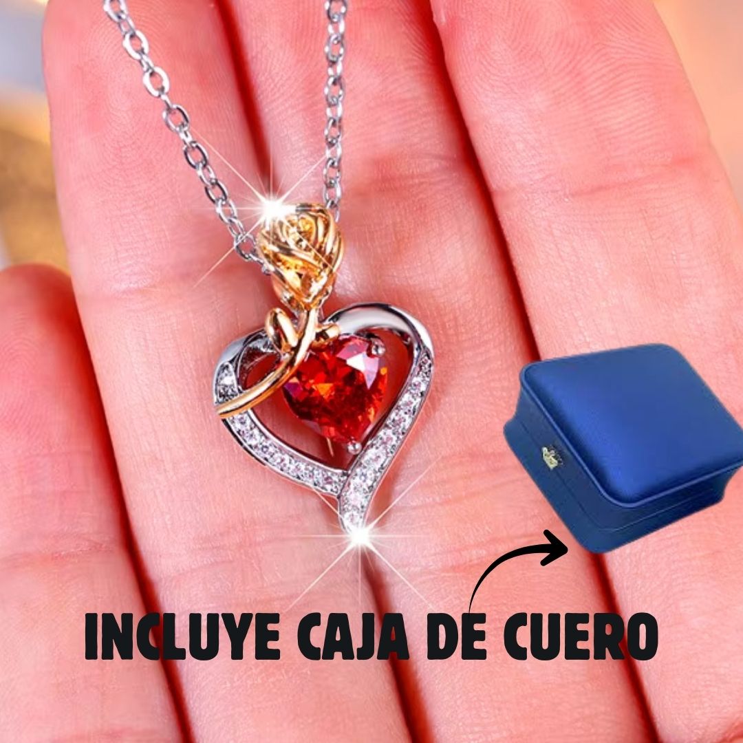 Collar Rosa Corazon + CAJA CUERO AZUL